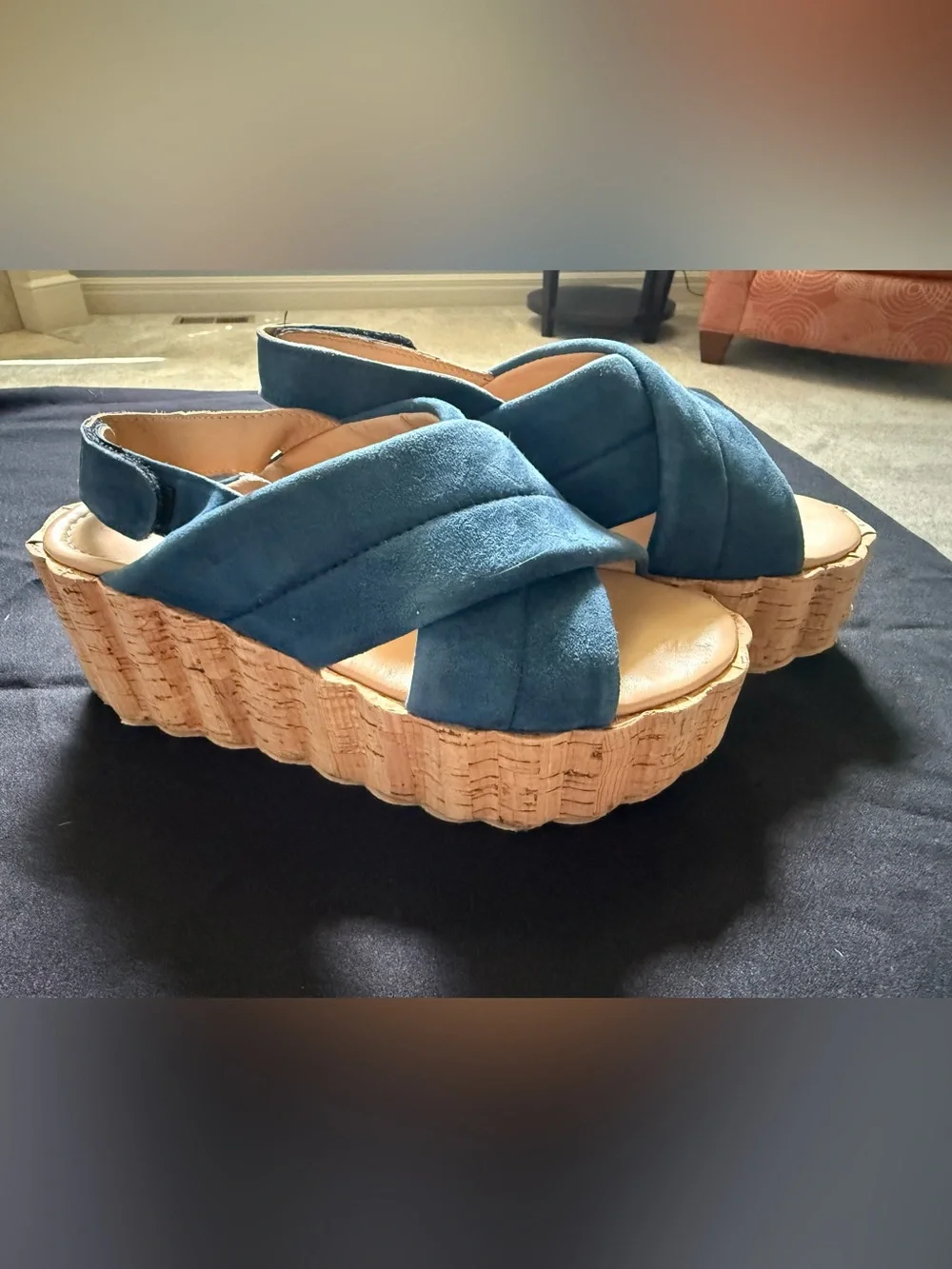 37 Free People Noelle PlatformTeal Suede Crisscross Platform Wedge  Italy 6.5